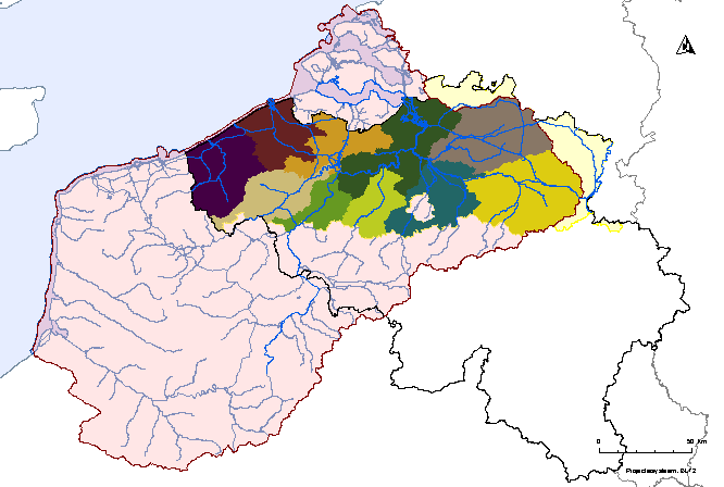 Vlaamse gemeenten liggen er 270 volledig en 24 gedeeltelijk binnen het stroomgebiedsdistrict van de Schelde. Het district is verder onderverdeeld in tien bekkens. Van west naar oost zijn dit: 1.
