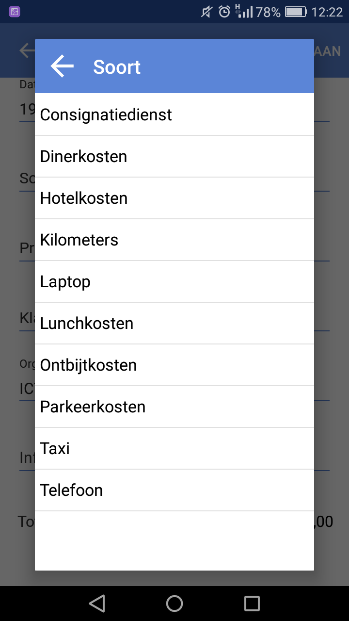 In het declaratieregel scherm moet eerst een datum en declaratiesoort worden opgegeven. In het veld datum wordt standaard de datum van vandaag gebruikt.