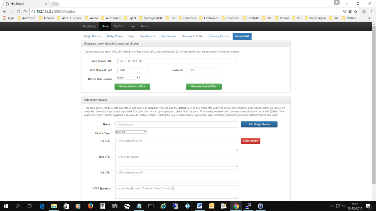 Opzetten HA-bridge Ga naar het ip-adress van de betreffende raspberry pi, welke we eerder genoteerd hebben met extensie 8080.