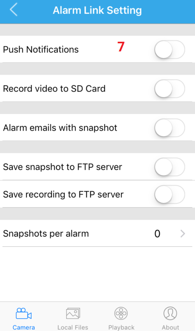 6. Op dit scherm zie je verschillende dingen die de bewegingsdetectie kunnen triggeren, push notificaties, SD-kaartopname, e-mailalertsnapshots, FTP-snapshots, of FTP-opnames.