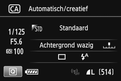 C Creatieve automatische opnamen Sluitertijd Diafragma ISO-snelheid (3) (1) (2) (4) Batterijniveau Opnamekwaliteit Maximumaantal opnamen U kunt op de knop <Q> drukken om het volgende in te stellen:
