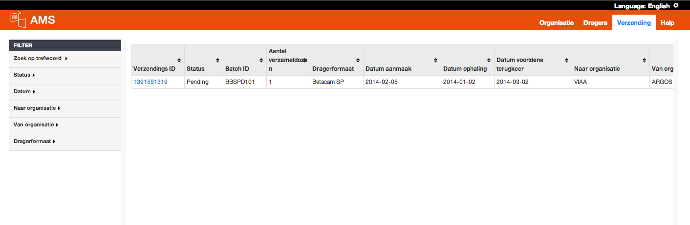 Na het inloggen opent standaard het scherm Dragers. Rechtsboven in de oranje balk ziet u drie tabs: Organisatie, Dragers, Verzending en Help.