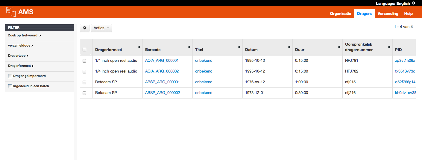 6.2.4. TAB DRAGERS Op dit scherm vindt u een overzicht van de door u reeds geregistreerde dragers. Hier start u ook de nieuwe registraties of maakt u aanpassingen aan eerdere registraties.