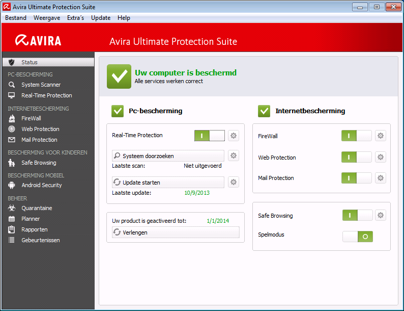 Overzicht van Avira Ultimate Protection Suite Het venster van het Control Center is onderverdeel in drie gebieden: de Menubalk, het Navigatiegebied en het detailvenster Status: Menubalk: in de