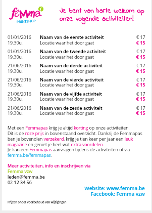 Weet je de prijs nog niet? Gebruik dan een richtprijs. Onderaan de flyer wijze er erop dat alle prijzen nog kunnen veranderen.