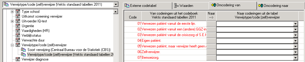 Bij de tab Omcodering van dient u de codes van CBS om te coderen naar de eigen waarden. Indien dit dezelfde waardes zijn, kunt u ze 1 op 1 omcoderen.