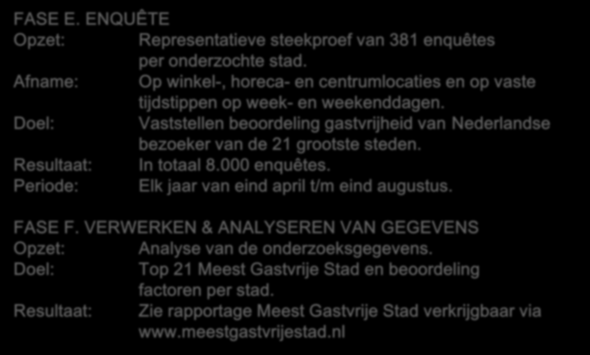 VERANTWOORDING FASE E. ENQUÊTE Opzet: Representatieve steekproef van 381 enquêtes per onderzochte stad. Afname: Op winkel-, horeca- en centrumlocaties en op vaste tijdstippen op week- en weekenddagen.