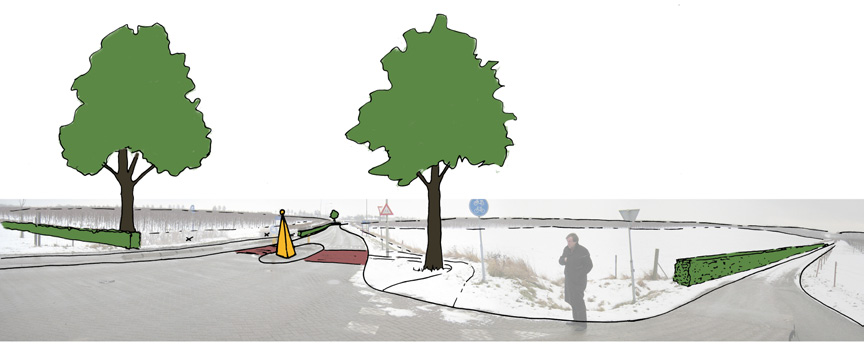 De grens kan ook door middel van een markering in de rijbaan zichtbaar gemaakt worden. Benadrukken met twee forse bomen.