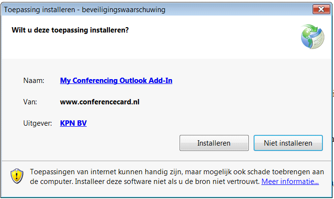 Sluit Microsoft Outlook af. U hebt nu twee mogelijkheden met hetzelfde gevolg: (Dubbel)klik op: http://www.conferencecard.nl/download/outlookplugin/