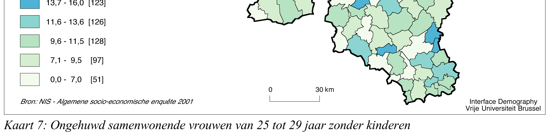 gemeenten ligt het aandeel ongehuwd samenwonenden boven de 20%. Kaart 1 toont hoe het fenomeen van ongehuwd samenwonen zich nu duidelijk heeft doorgezet in Vlaanderen.
