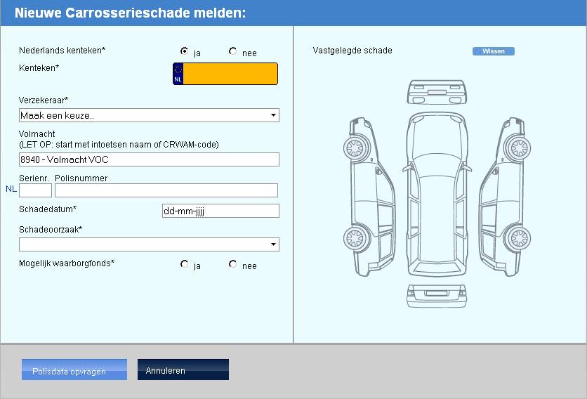 5.1.3 Volmacht, Serienummer en Polisnummer Als u als volmacht een dossier aanmaakt, is het veld Volmacht automatisch ingevuld. Als u als verzekeraar een dossier aanmaakt, is het veld Volmacht afwezig.