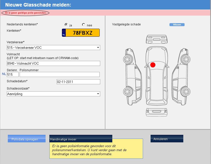 Als er geen geldige polis gevonden is, dient u de polisgegevens handmatig in te voeren. Klik hiervoor op de knop Handmatige invoer.