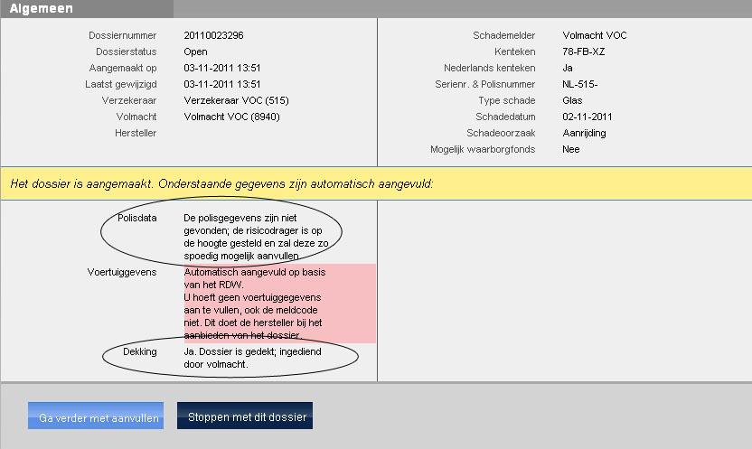 Na het kiezen voor een handmatige invoer krijgt u de melding dat de polisgegevens niet zijn gevonden.