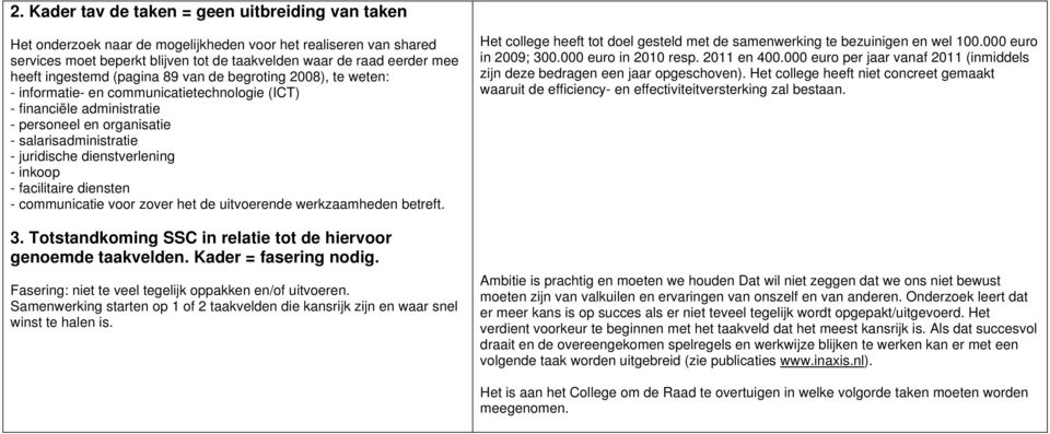 dienstverlening - inkoop - facilitaire diensten - communicatie voor zover het de uitvoerende werkzaamheden betreft. 3. Totstandkoming SSC in relatie tot de hiervoor genoemde taakvelden.