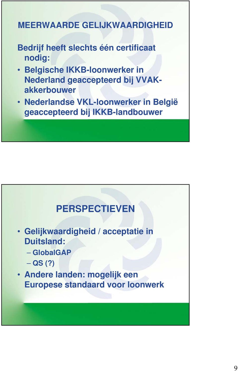 in België geaccepteerd bij IKKB-landbouwer PERSPECTIEVEN Gelijkwaardigheid / acceptatie