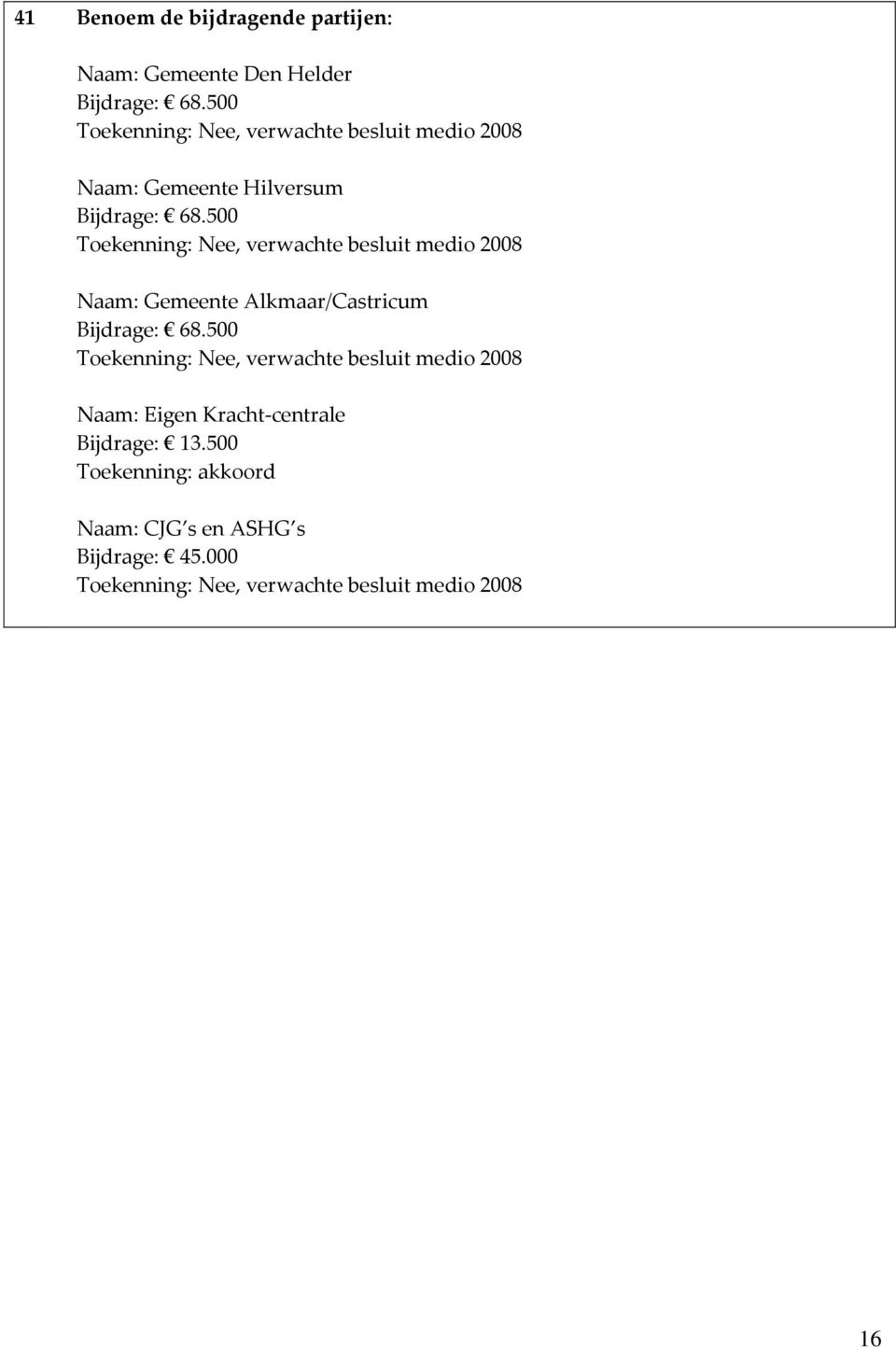 500 Toekenning: Nee, verwachte besluit medio 2008 Naam: Gemeente Alkmaar/Castricum Bijdrage: 68.