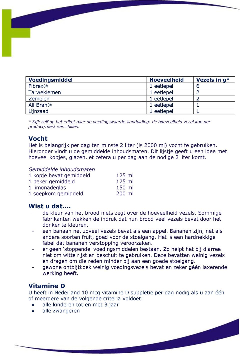 Hieronder vindt u de gemiddelde inhoudsmaten. Dit lijstje geeft u een idee met hoeveel kopjes, glazen, et cetera u per dag aan de nodige 2 liter komt.