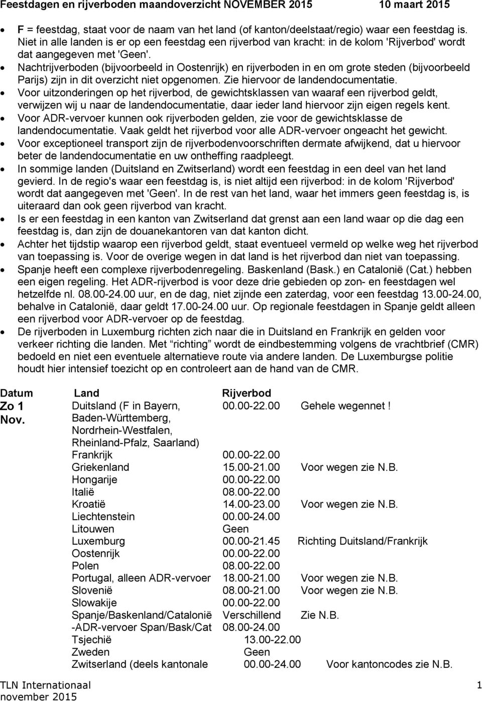 Nachtrijverboden (bijvoorbeeld in Oostenrijk) en rijverboden in en om grote steden (bijvoorbeeld Parijs) zijn in dit overzicht niet opgenomen. Zie hiervoor de landendocumentatie.