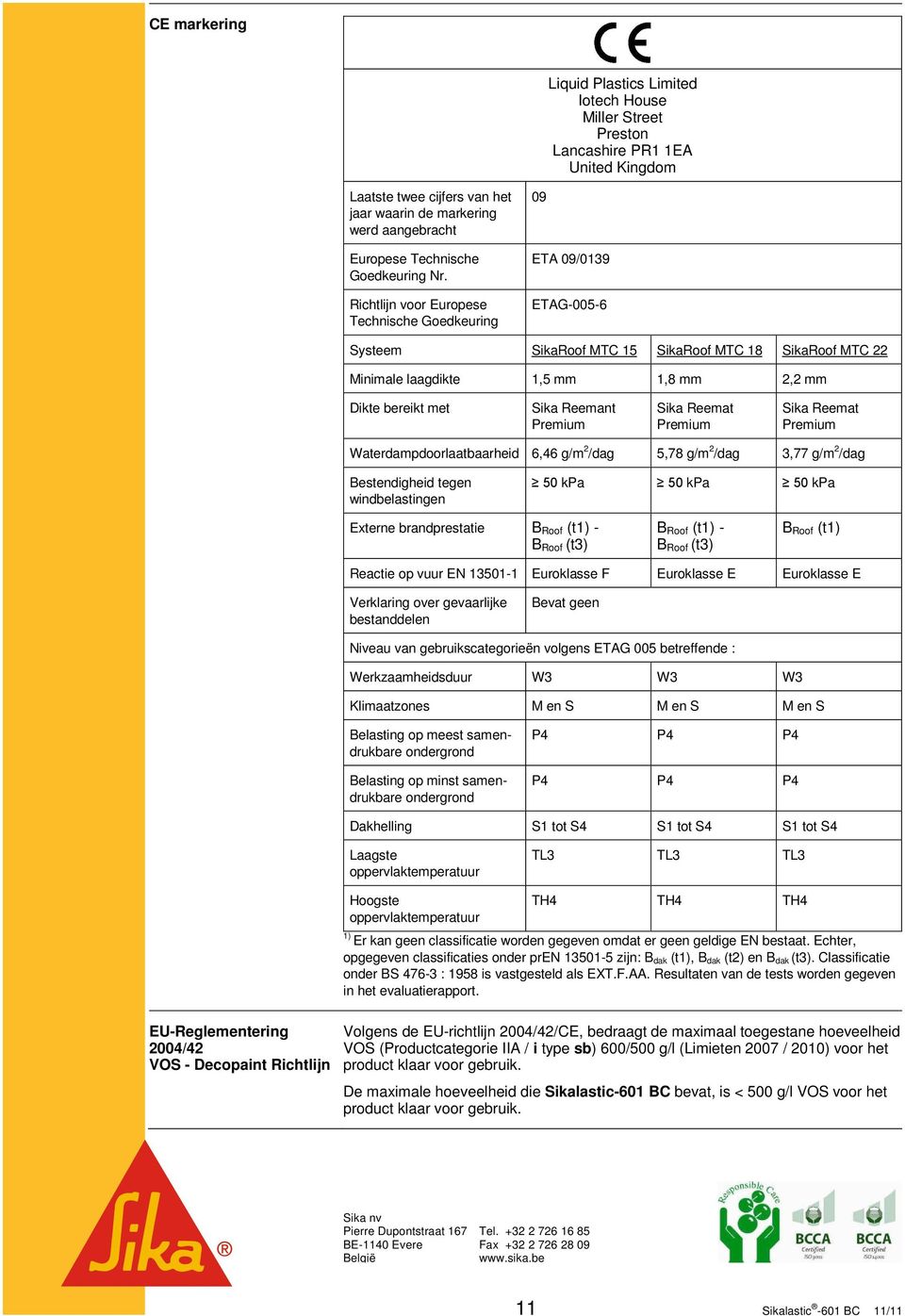 Richtlijn voor Europese Technische Goedkeuring 09 ETA 09/0139 ETAG-005-6 Systeem SikaRoof MTC 15 SikaRoof MTC 18 SikaRoof MTC 22 Minimale laagdikte 1,5 mm 1,8 mm 2,2 mm Dikte bereikt met Sika Reemant