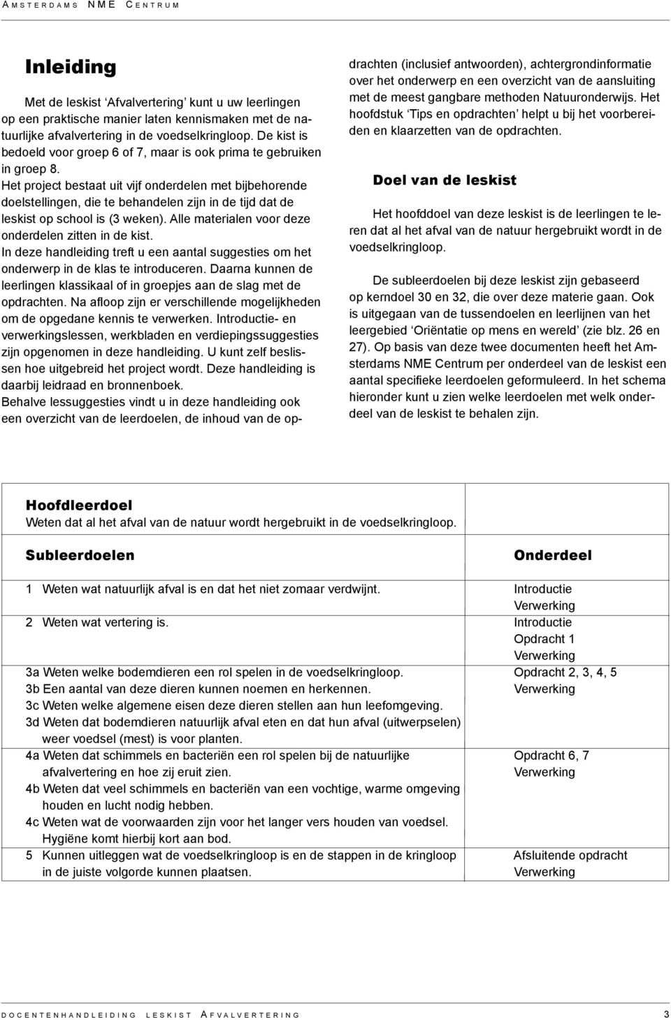 Het project bestaat uit vijf onderdelen met bijbehorende doelstellingen, die te behandelen zijn in de tijd dat de leskist op school is (3 weken).