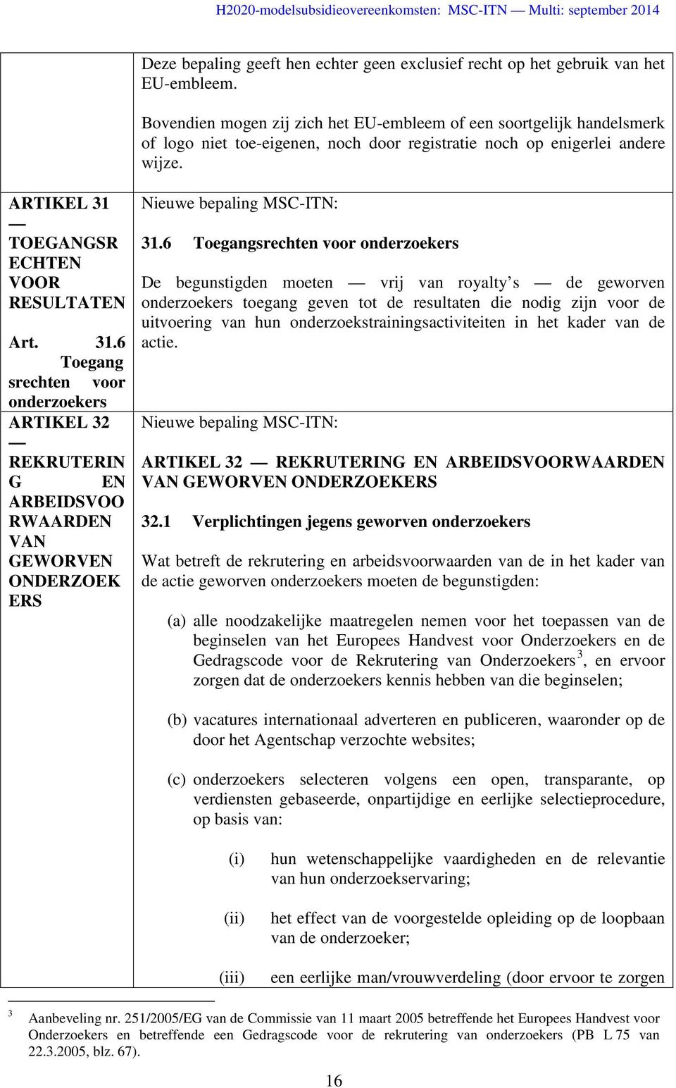 31.6 Toegang srechten voor onderzoekers ARTIKEL 32 REKRUTERIN G EN ARBEIDSVOO RWAARDEN VAN GEWORVEN ONDERZOEK ERS 31.