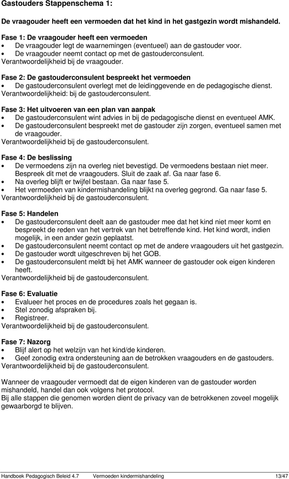 Verantwoordelijkheid bij de vraagouder. Fase 2: De gastouderconsulent bespreekt het vermoeden De gastouderconsulent overlegt met de leidinggevende en de pedagogische dienst.