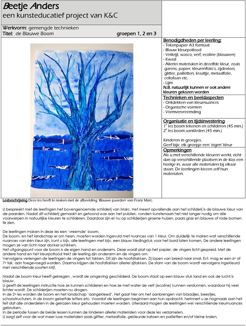 natuurlijk kunnen er ook andere kleuren gekozen worden - Ontdekken van kleurnuances - Organische vormen - Vormvervreemding 1 e les boom tekenen en schilderen (45 min.) 2 e les boom aankleden (45 min.