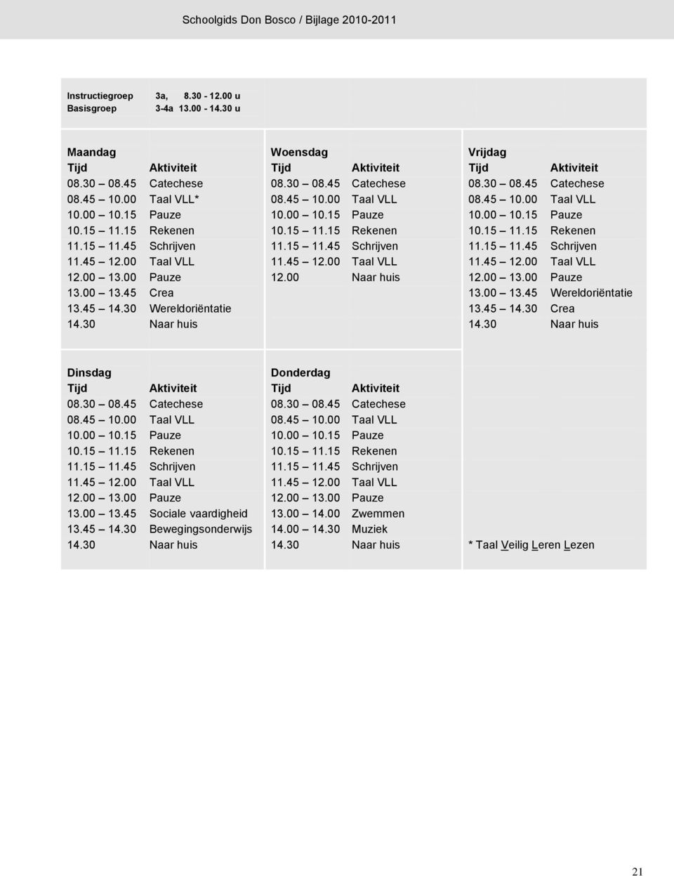 00 Taal VLL 11.45 12.00 Taal VLL 11.45 12.00 Taal VLL 12.00 13.00 Pauze 12.00 Naar huis 12.00 13.00 Pauze 13.00 13.45 Crea 13.00 13.45 Wereldoriëntatie 13.45 14.30 Wereldoriëntatie 13.45 14.30 Crea 14.