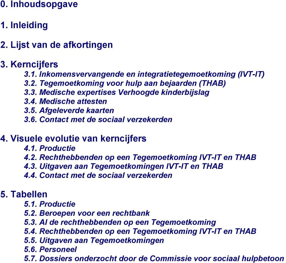 4. Contact met de sociaal verzekerden 5. Tabellen 5.1. Productie 5.2. Beroepen voor een rechtbank 5.3. Al de rechthebbenden op een Tegemoetkoming 5.4. Rechthebbenden op een Tegemoetkoming IVT-IT en THAB 5.