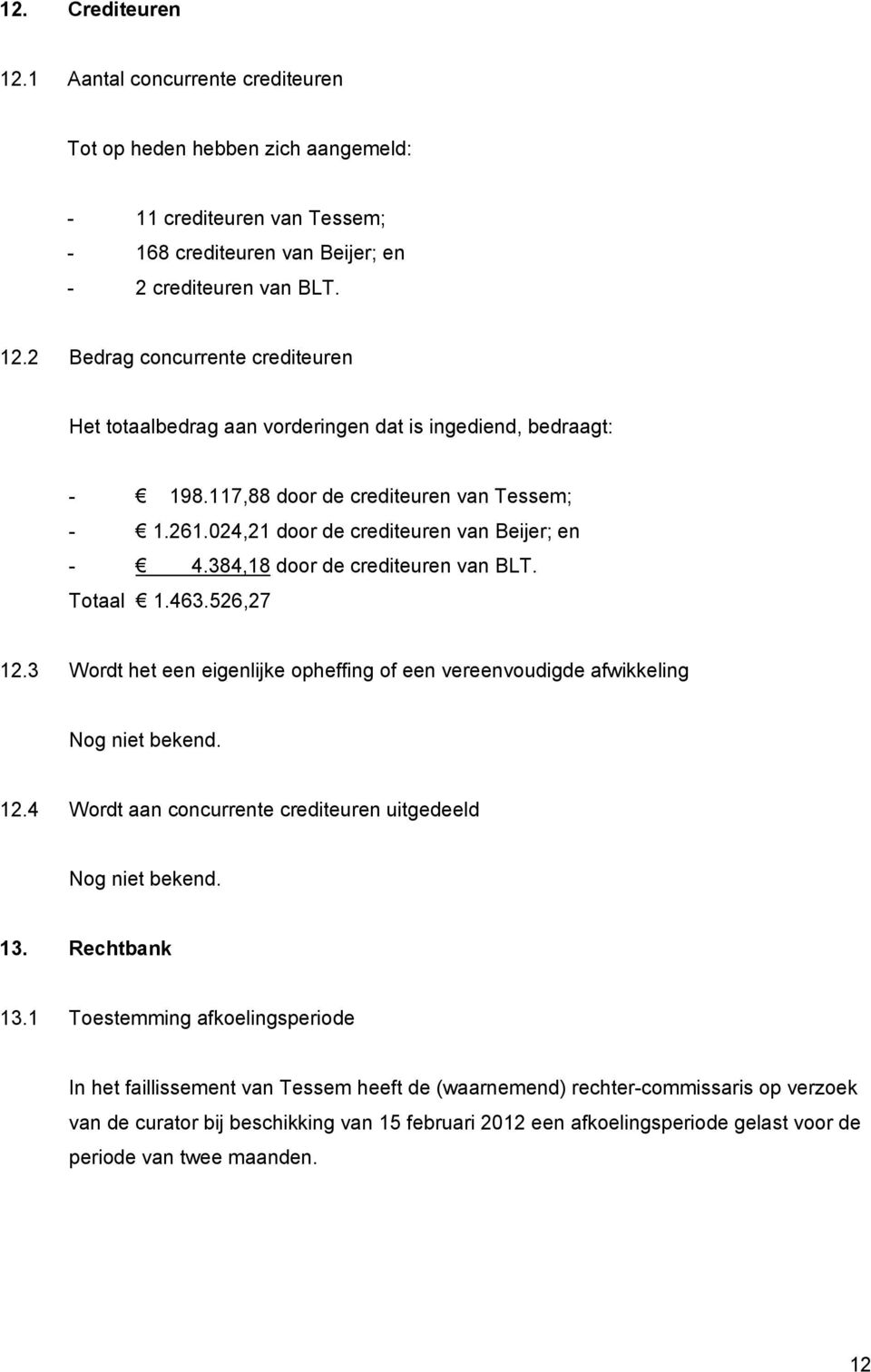 3 Wordt het een eigenlijke opheffing of een vereenvoudigde afwikkeling Nog niet bekend. 12.4 Wordt aan concurrente crediteuren uitgedeeld Nog niet bekend. 13. Rechtbank 13.