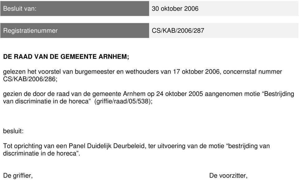 Arnhem op 24 oktober 2005 aangenomen motie Bestrijding van discriminatie in de horeca (griffie/raad/05/538); besluit: Tot