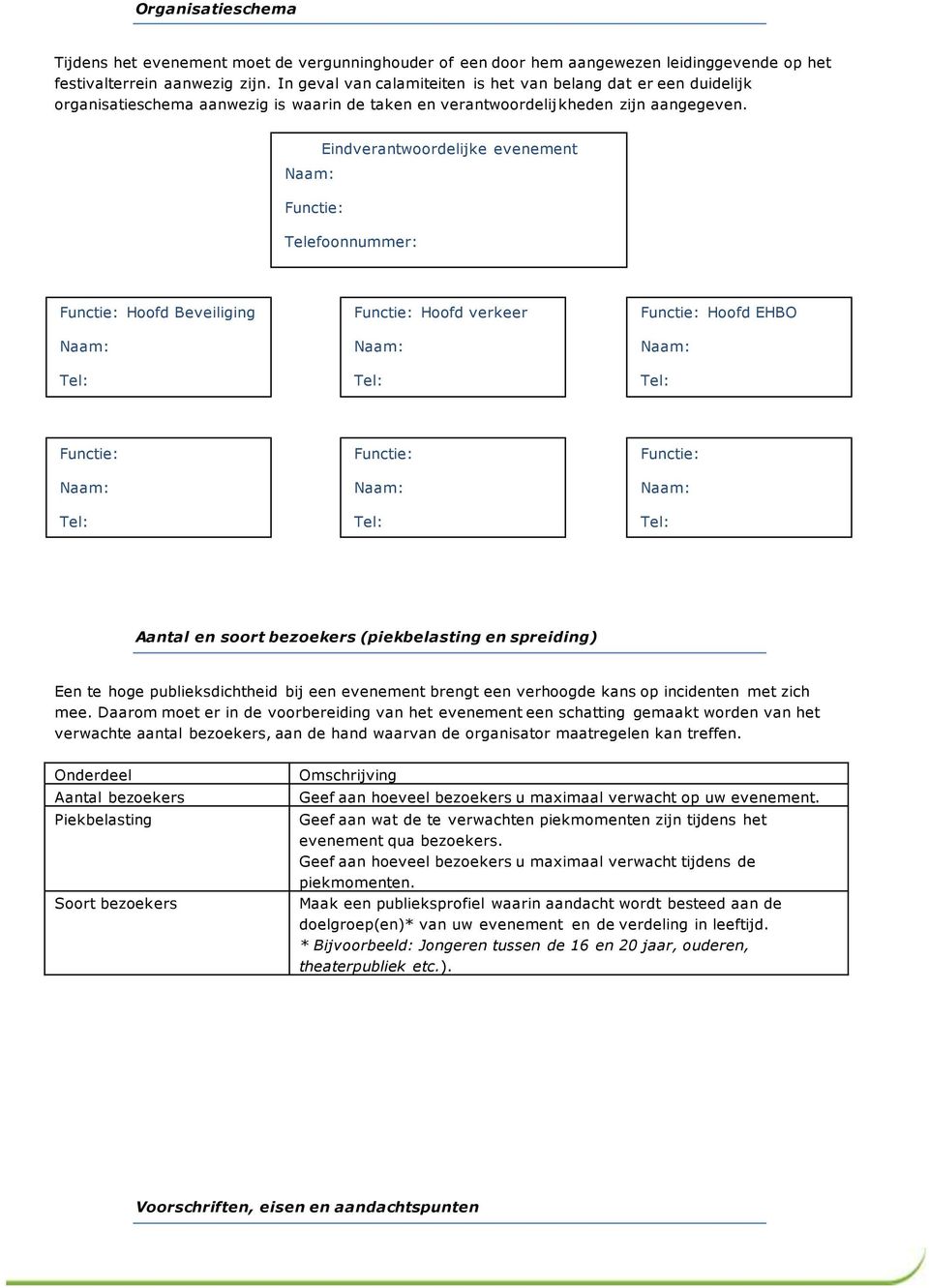 Eindverantwoordelijke evenement Naam: Functie: Telefoonnummer: Functie: Hoofd Beveiliging Naam: Tel: Functie: Hoofd verkeer Naam: Tel: Functie: Hoofd EHBO Naam: Tel: Functie: Naam: Tel: Functie: