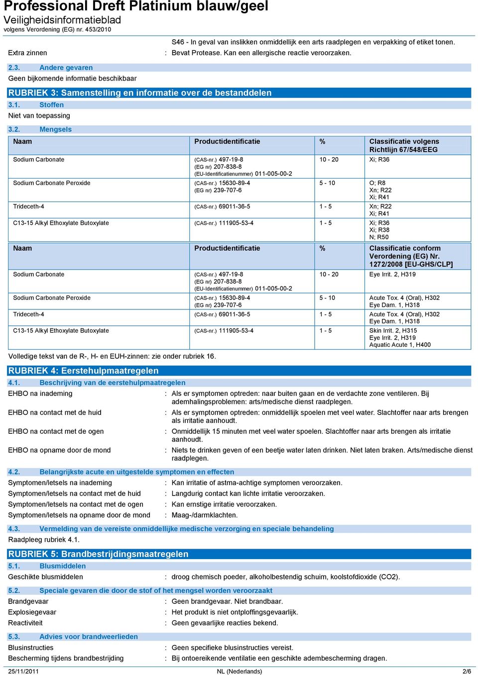 ) 497-19-8 (EG nr) 207-838-8 (EU-Identificatienummer) 011-005-00-2 Sodium Carbonate Peroxide (CAS-nr.) 15630-89-4 (EG nr) 239-707-6 10-20 Xi; R36 5-10 O; R8 Xn; R22 Xi; R41 Trideceth-4 (CAS-nr.