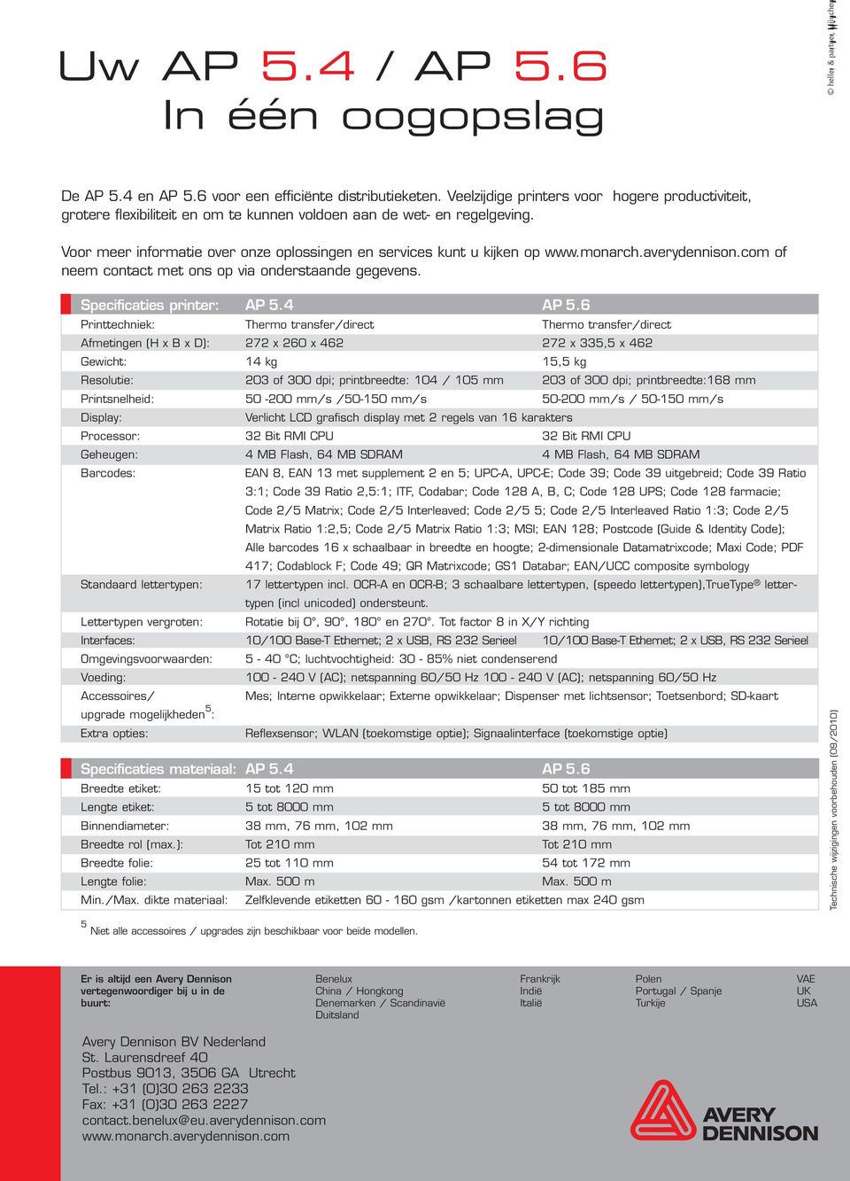 monarch.averydennison.com of neem contact met ons op via onderstaande gegevens. Specificaties printer: AP 5.4 AP 5.