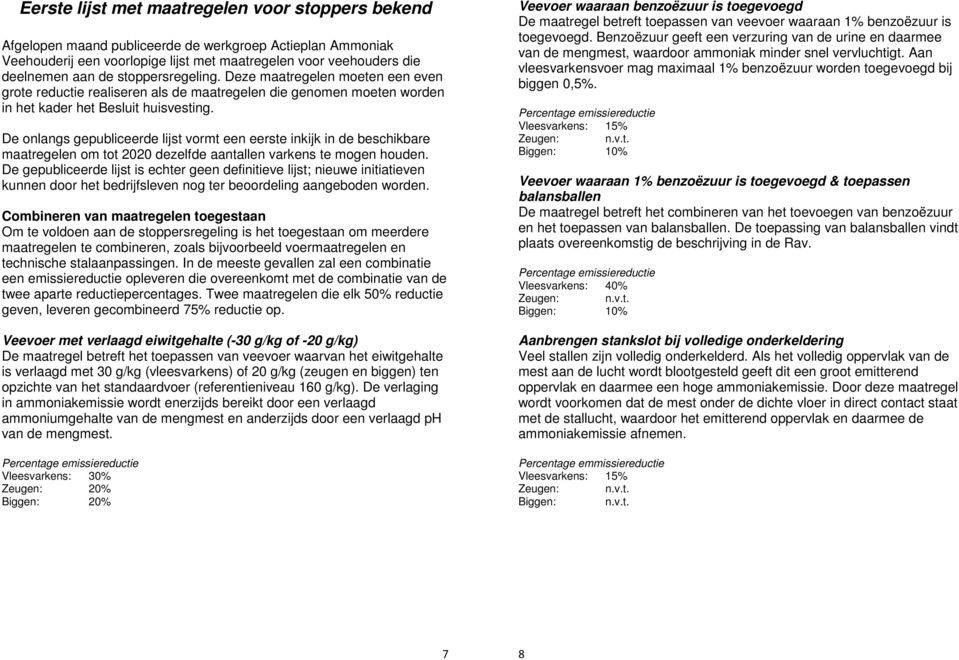 De onlangs gepubliceerde lijst vormt een eerste inkijk in de beschikbare maatregelen om tot 2020 dezelfde aantallen varkens te mogen houden.