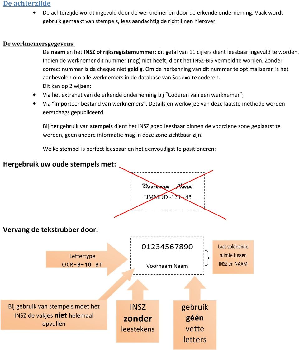 Indien de werknemer dit nummer (nog) niet heeft, dient het INSZ-BIS vermeld te worden. Zonder correct nummer is de cheque niet geldig.