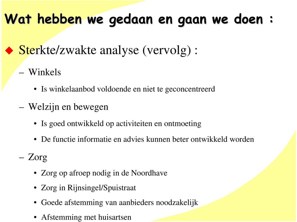 ontmoeting De functie informatie en advies kunnen beter ontwikkeld worden Zorg op afroep nodig in de