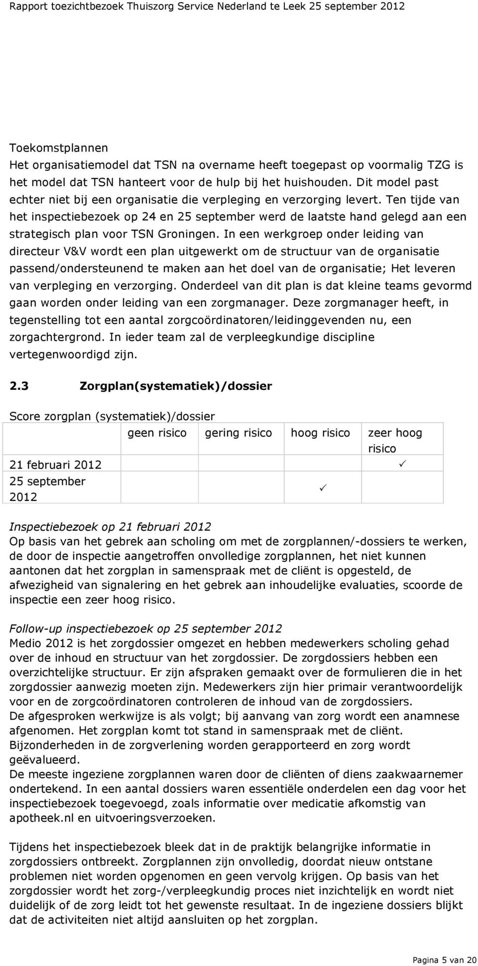 Ten tijde van het inspectiebezoek op 24 en 25 september werd de laatste hand gelegd aan een strategisch plan voor TSN Groningen.