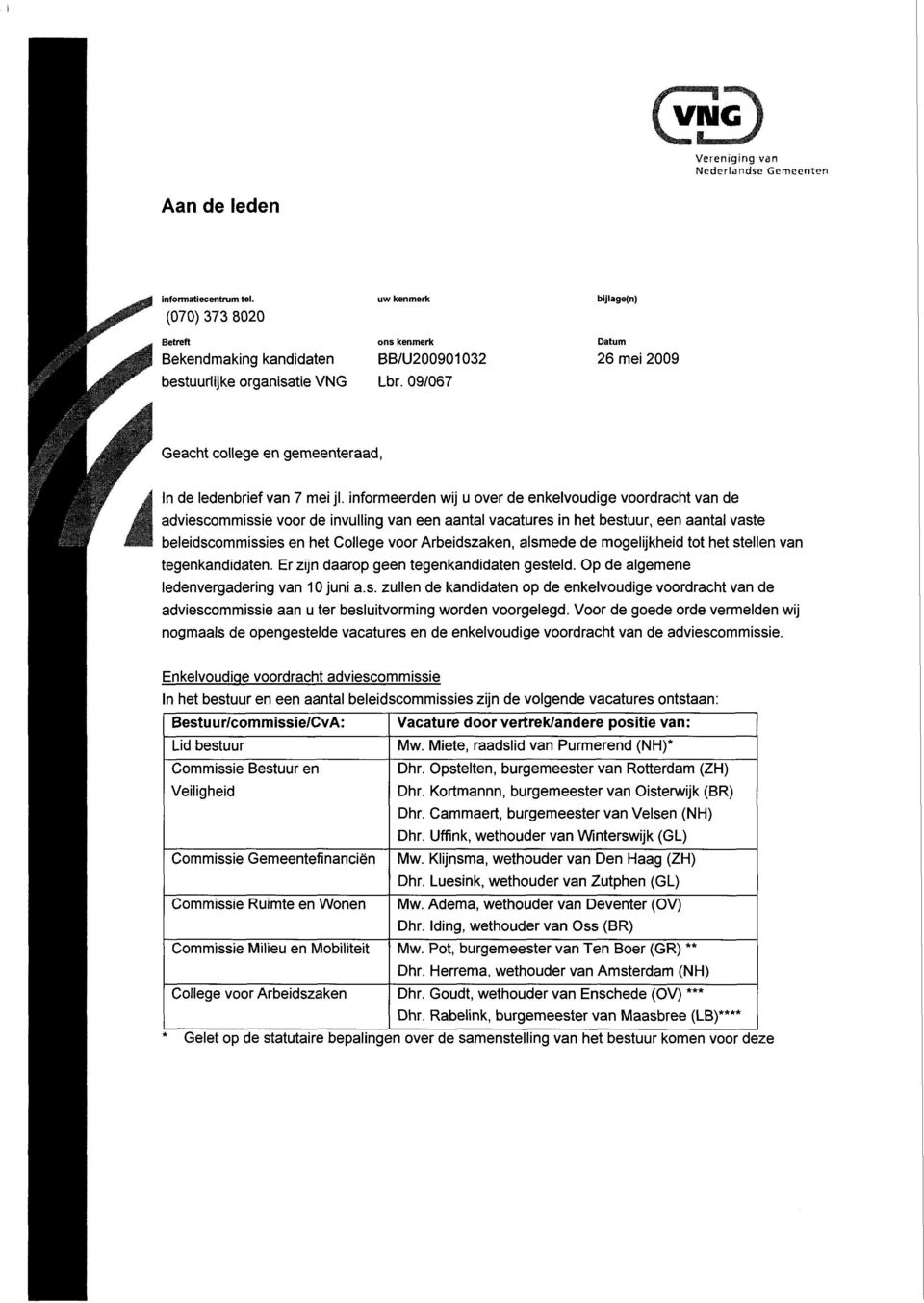 09/067 bijlage(n) Datum 1 I In de ledenbrief van 7 mei jl.