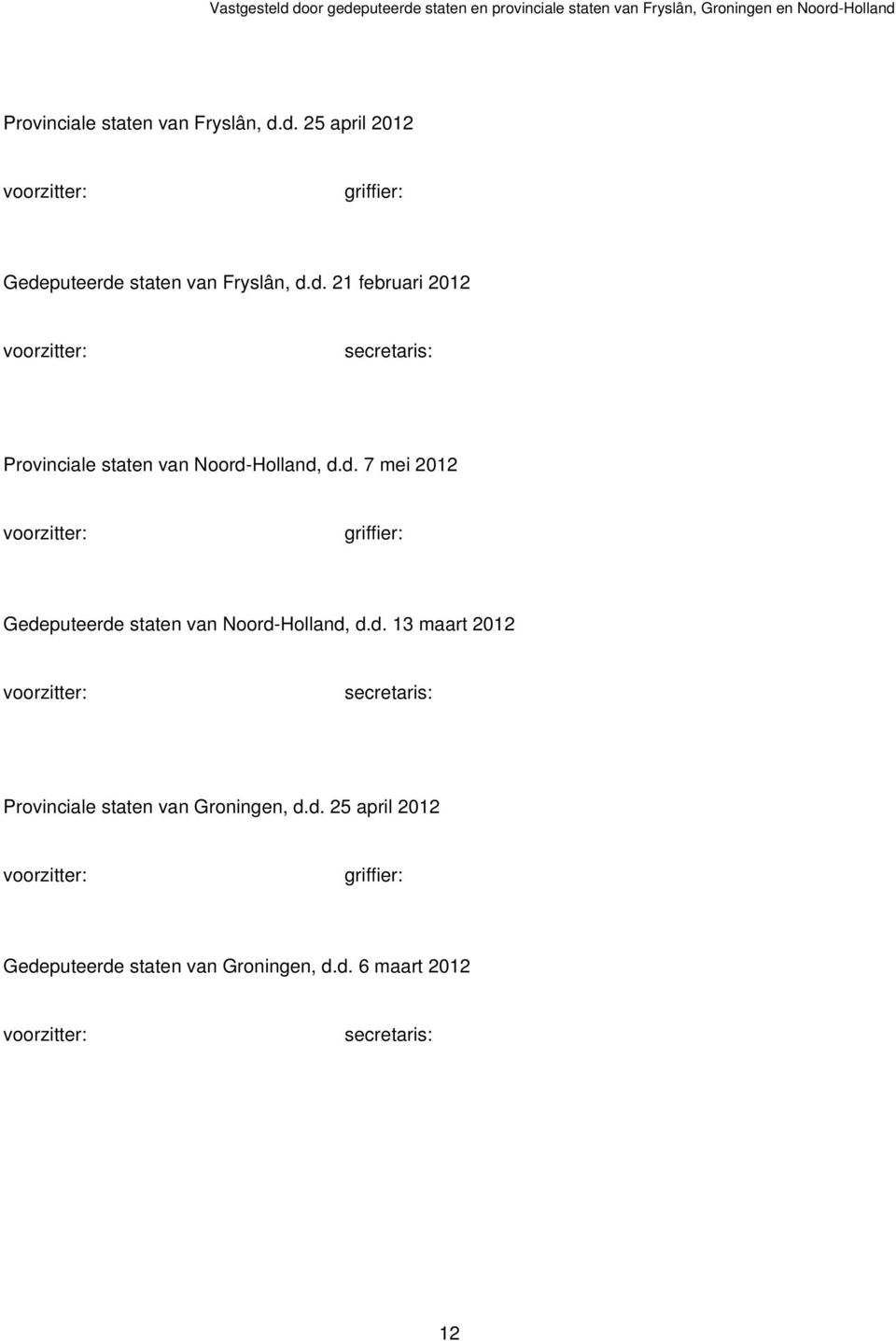 d. 25 april 2012 voorzitter: griffier: Gedeputeerde staten van Groningen, d.d. 6 maart 2012 voorzitter: secretaris: 12