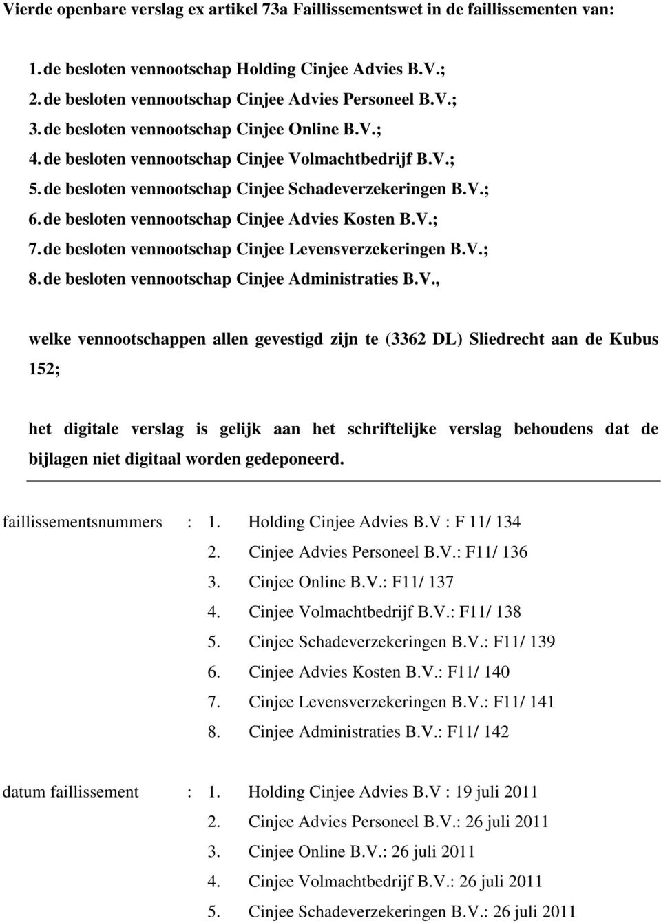 de besloten vennootschap Cinjee Advies Kosten B.V.