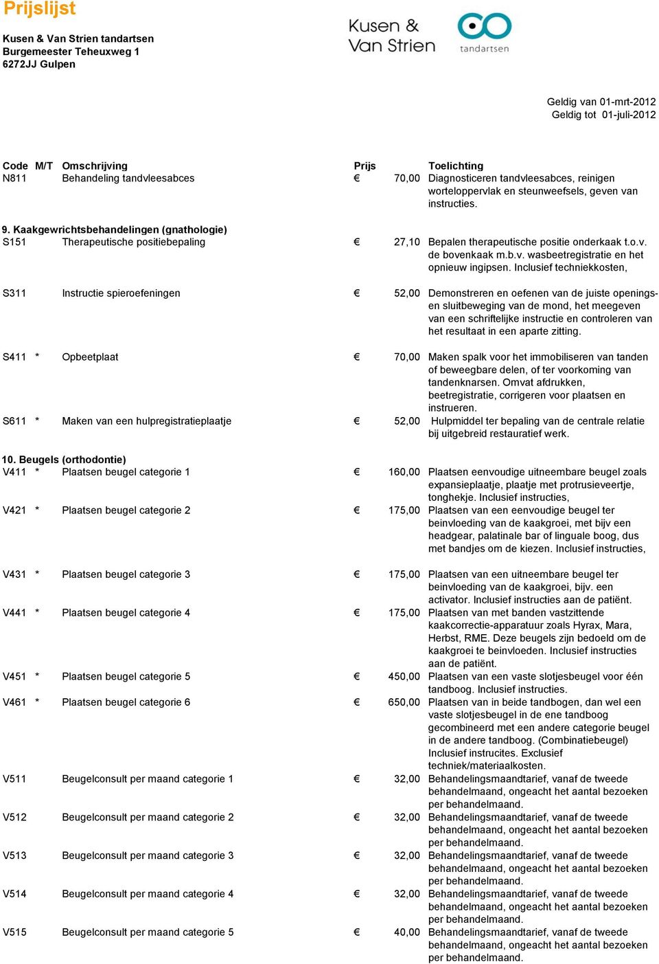 Inclusief techniekkosten, S311 Instructie spieroefeningen 52,00 Demonstreren en oefenen van de juiste openingsen sluitbeweging van de mond, het meegeven van een schriftelijke instructie en