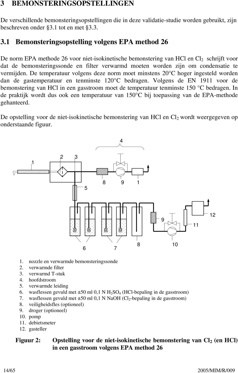 3. 3.1 Bemonsteringsopstelling volgens EPA method 26 De norm EPA methode 26 voor niet-isokinetische bemonstering van HCl en Cl 2 schrijft voor dat de bemonsteringssonde en filter verwarmd moeten