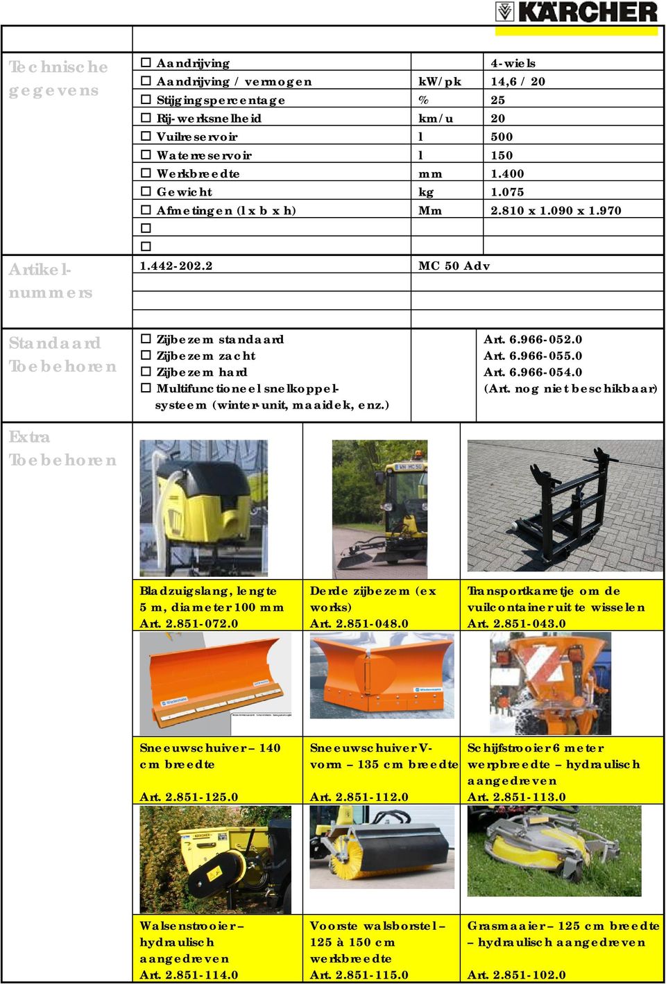 2 MC 50 Adv Standaard Extra Zijbezem standaard Zijbezem zacht Zijbezem hard Multifunctioneel snelkoppelsysteem (winter-unit, maaidek, enz.) Art. 6.966-052.0 Art. 6.966-055.0 Art. 6.966-054.0 (Art.