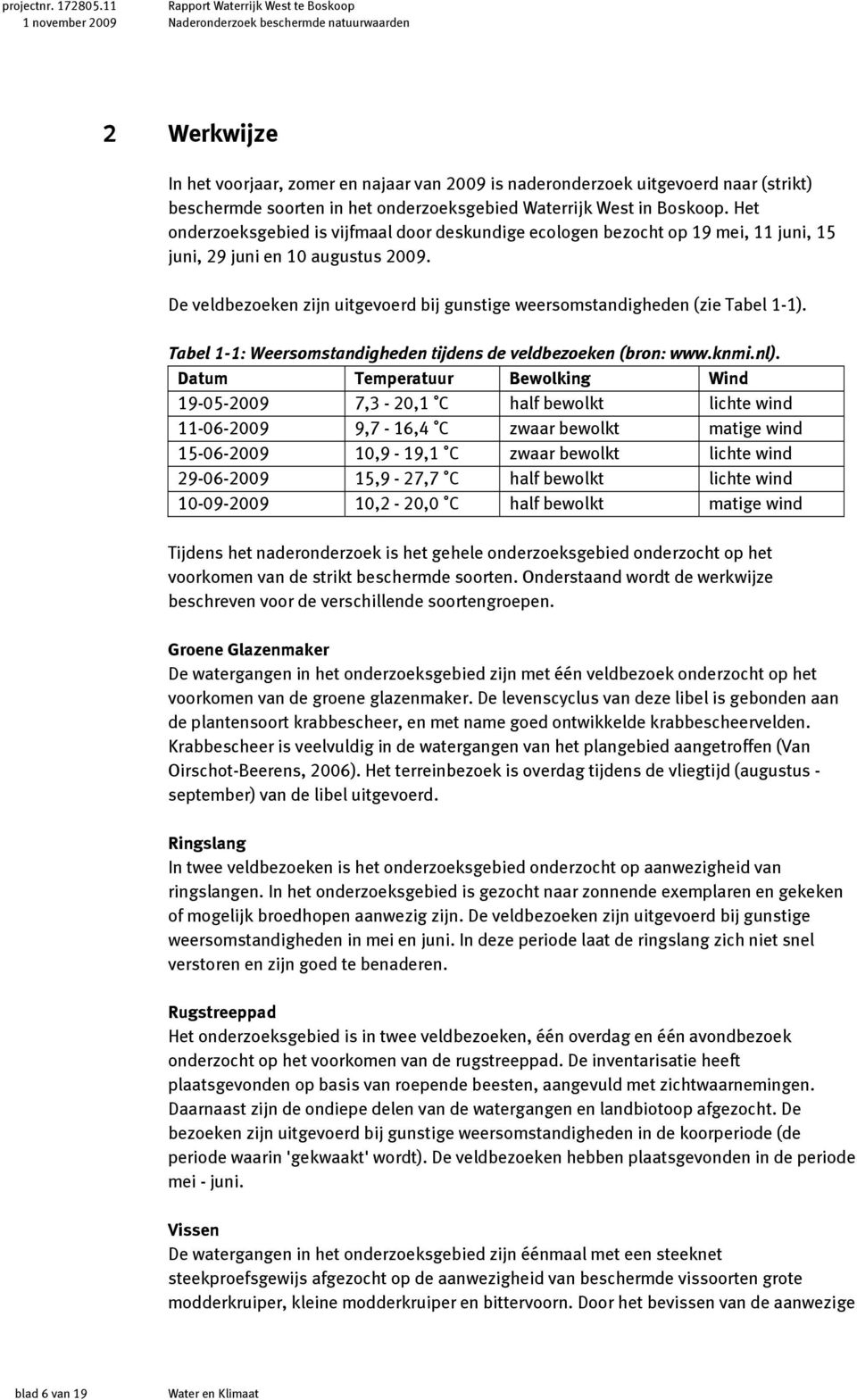 De veldbezoeken zijn uitgevoerd bij gunstige weersomstandigheden (zie Tabel 1-1). Tabel 1-1: Weersomstandigheden tijdens de veldbezoeken (bron: www.knmi.nl).