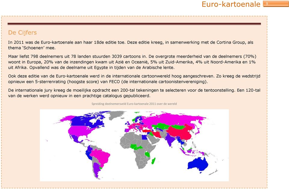 De overgrote meerderheid van de deelnemers (70%) woont in Europa, 20% van de inzendingen kwam uit Azië en Oceanië, 5% uit Zuid-Amerika, 4% uit Noord-Amerika en 1% uit Afrika.