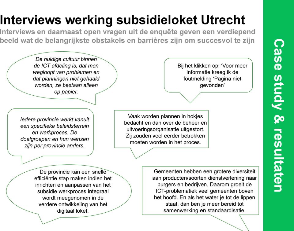 Iedere provincie werkt vanuit een specifieke beleidsterrein en werkproces. De doelgroepen en hun wensen zijn per provincie anders.