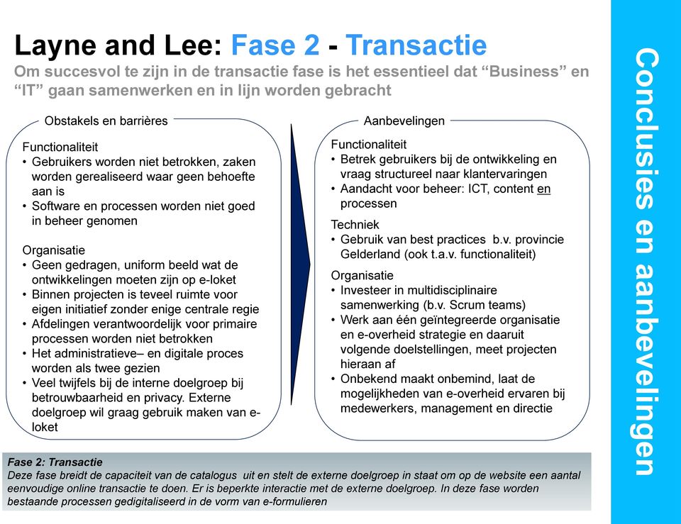 ontwikkelingen moeten zijn op e-loket Binnen projecten is teveel ruimte voor eigen initiatief zonder enige centrale regie Afdelingen verantwoordelijk voor primaire processen worden niet betrokken Het