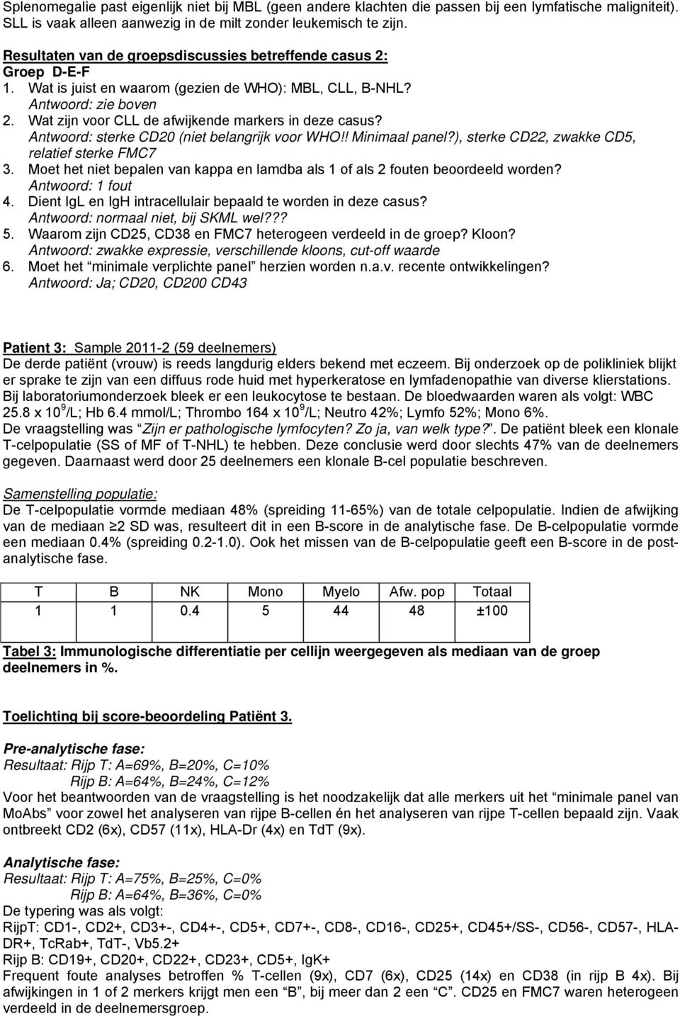 Wat zijn voor CLL de afwijkende markers in deze casus? Antwoord: sterke CD20 (niet belangrijk voor WHO!! Minimaal panel?), sterke CD22, zwakke CD5, relatief sterke FMC7 3.