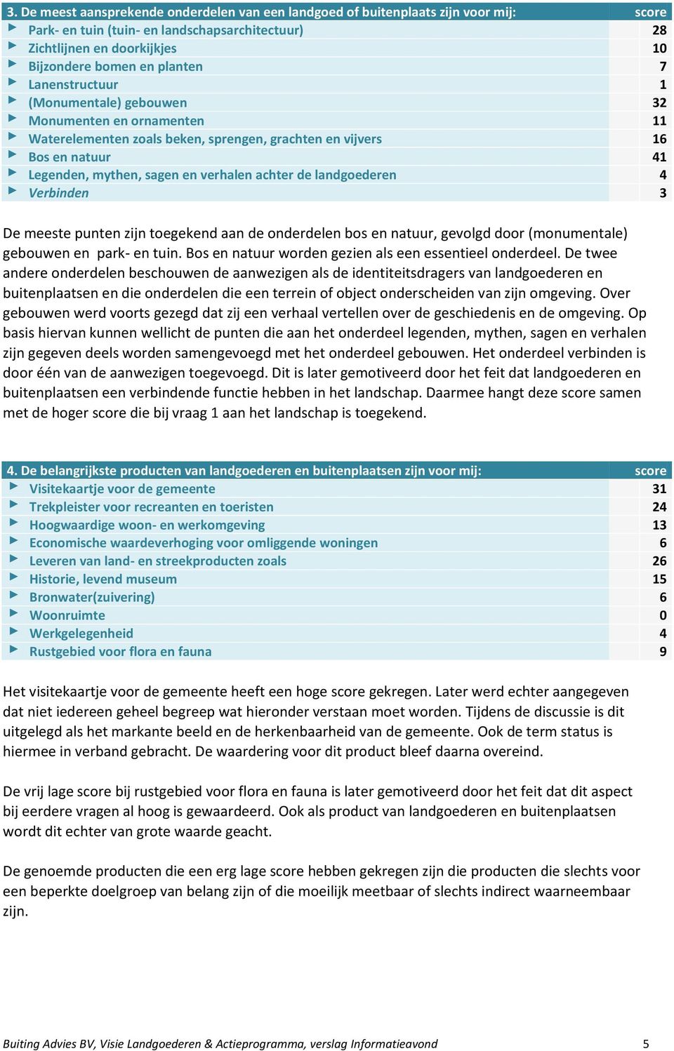 landgoederen 4 Verbinden 3 De meeste punten zijn toegekend aan de onderdelen bos en natuur, gevolgd door (monumentale) gebouwen en park- en tuin.